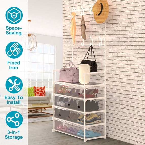 Moclever 5 Tier Coat Rack with Shoe Storage, Freestanding Dustproof Entryway Hall Tree with 8 Removable Hooks for Front Door Bedroom, White