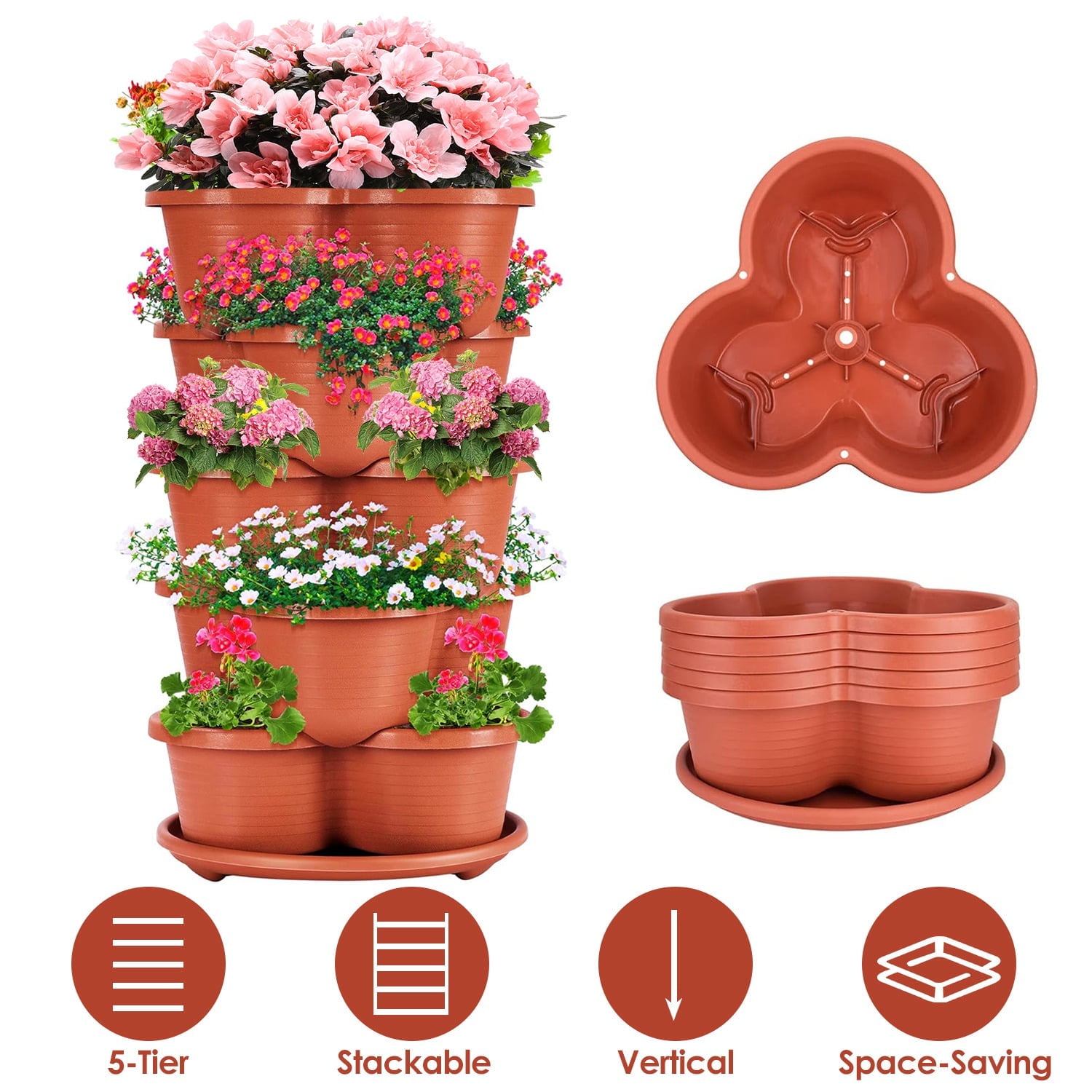 Moclever 5 Tier Vertical Stackable Planter, Garden Tower Gardening Pots for Flowers Vegetables, Red