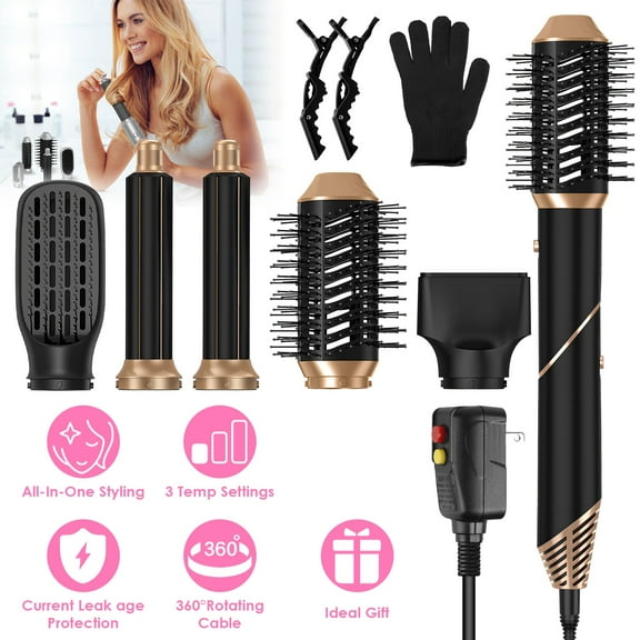 Moclever 5 in 1 Hot Air Styler Straightener Curler Dryer Automatic Wrap Styler Hair Dryer Brush Set, Black