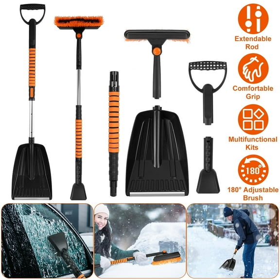 Moclever 5 in 1 Detachable Snow Brush and Ice Scraper Kit, Extendable Telescoping Snow Shovel with 180° Adjustable Head and Foam Grip for Car Windshield & Roof, Orange