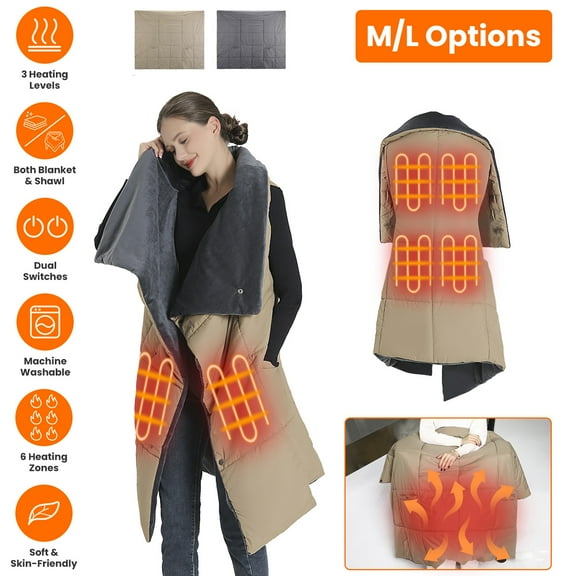 53x43in USB Heated Blanket, Electric Heated Poncho Shawl Wrap Throw for Indoor Outdoor with Zipper Arm Holes Pocket 3 Heating Levels 6 Zones Machine Washable, Grey