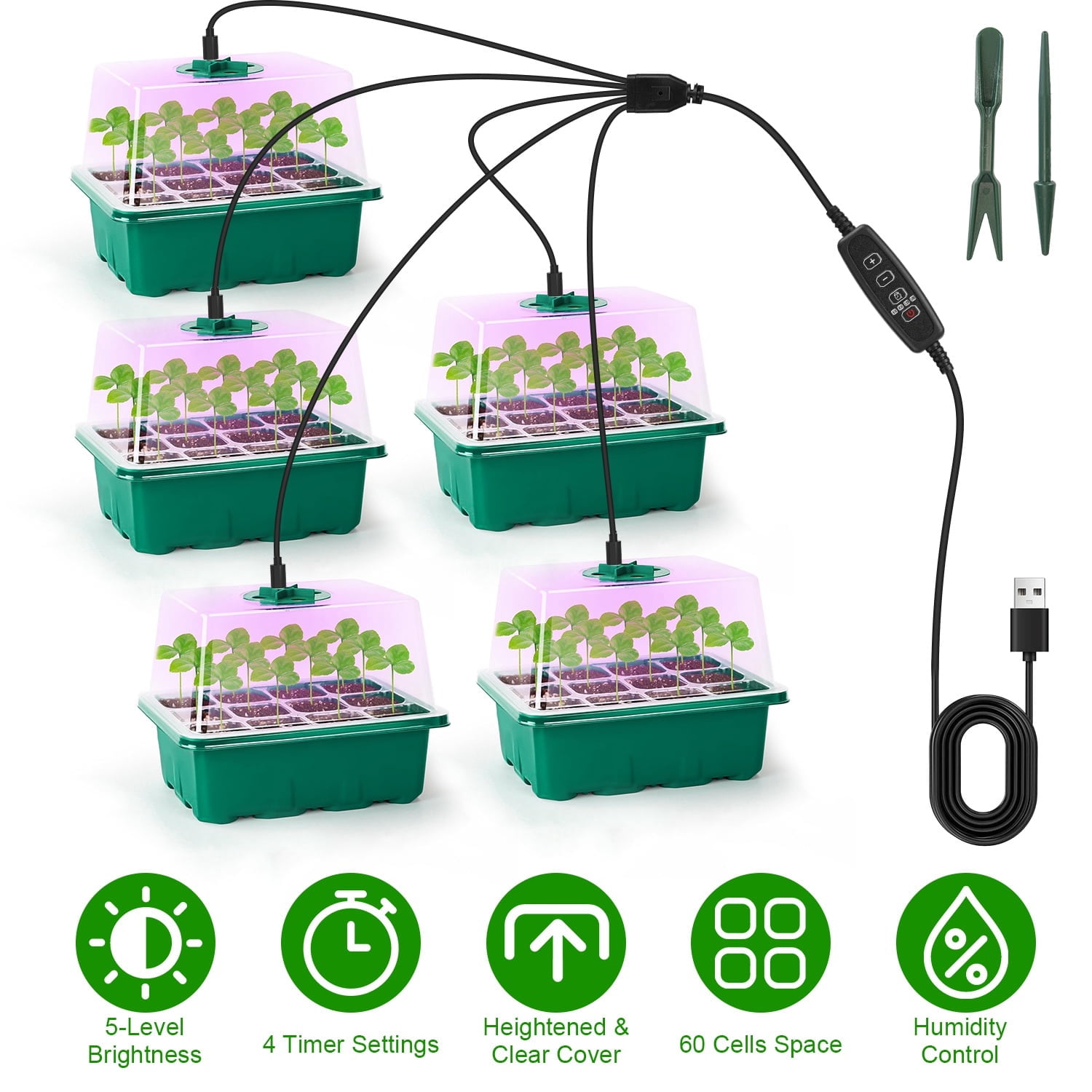 Moclever 5Packs Seed Starter Tray with Grow Light Humidity Dome Germination Kit with 5-Level Brightness 4 Timers for Indoor Greenhouse