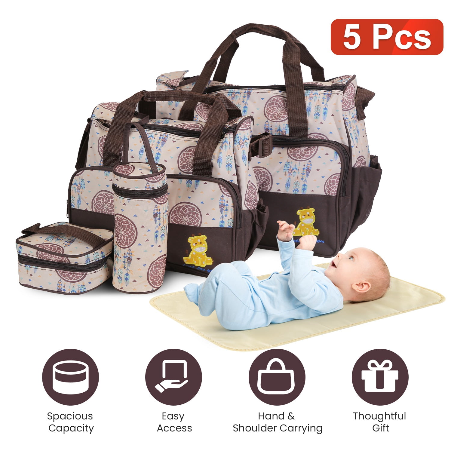 Moclever 5Pcs Baby Nappy Tote Bags Set for Mom Dad, Mummy Diaper Handbags with Diaper Pad Food Bag Bottle Bag Travel Tote Bags, Coffee
