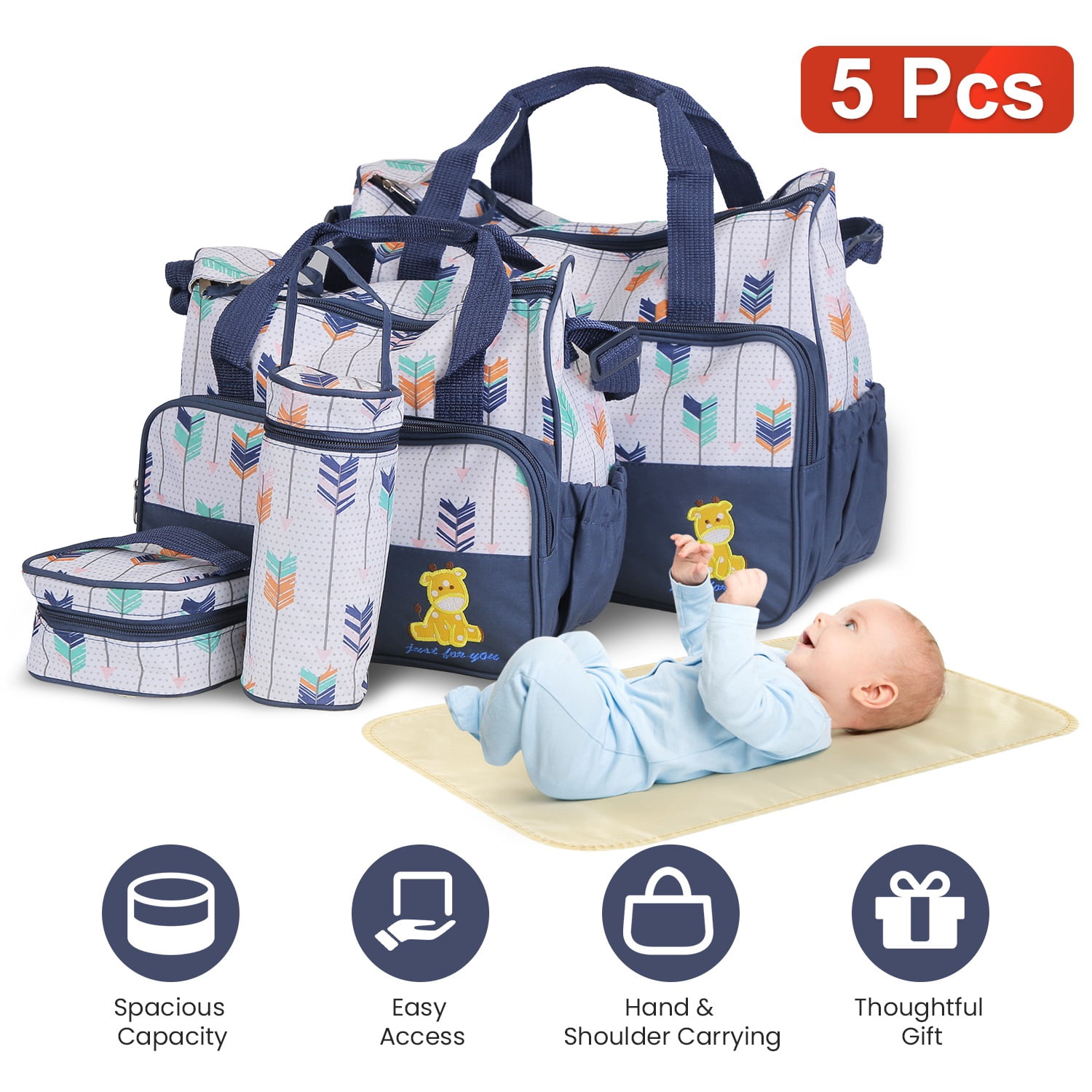 Moclever 5Pcs Baby Nappy Tote Bags Set for Mom Dad, Mummy Diaper Handbags with Diaper Pad Food Bag Bottle Bag Travel Tote Bags, Dark Blue
