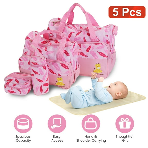 Moclever 5Pcs Baby Nappy Tote Bags Set for Mom Dad, Mummy Diaper Handbags with Diaper Pad Food Bag Bottle Bag Travel Tote Bags, Light Pink