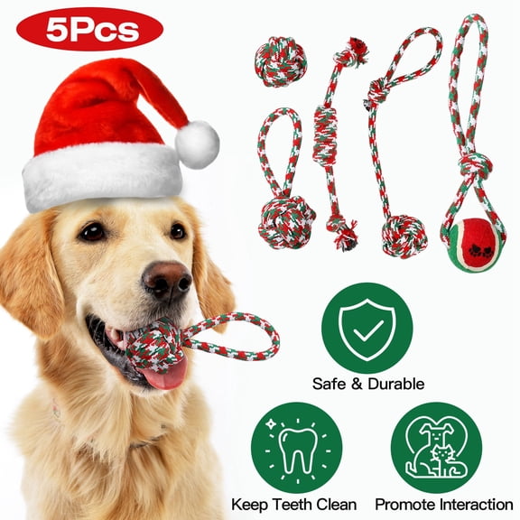 Moclever 5Pcs Christmas Dog Rope Chew Toys Dog Interactive Toys Set for Training Teething Playing