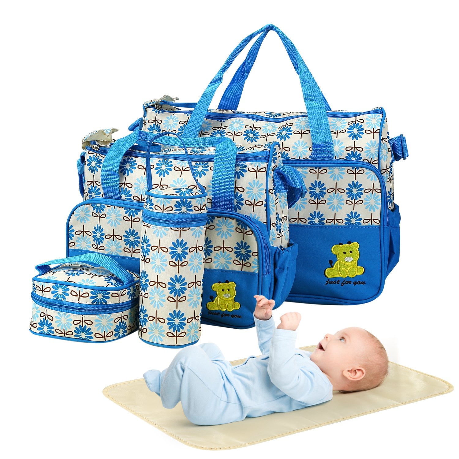 Moclever 5Pcs Diaper Bag Tote Set Baby Nappy Diaper Bags Set Mummy Diaper Shoulder Bags with Nappy Changing Pad Insulated Pockets Travel Tote Bags for Mom Dad, Blue