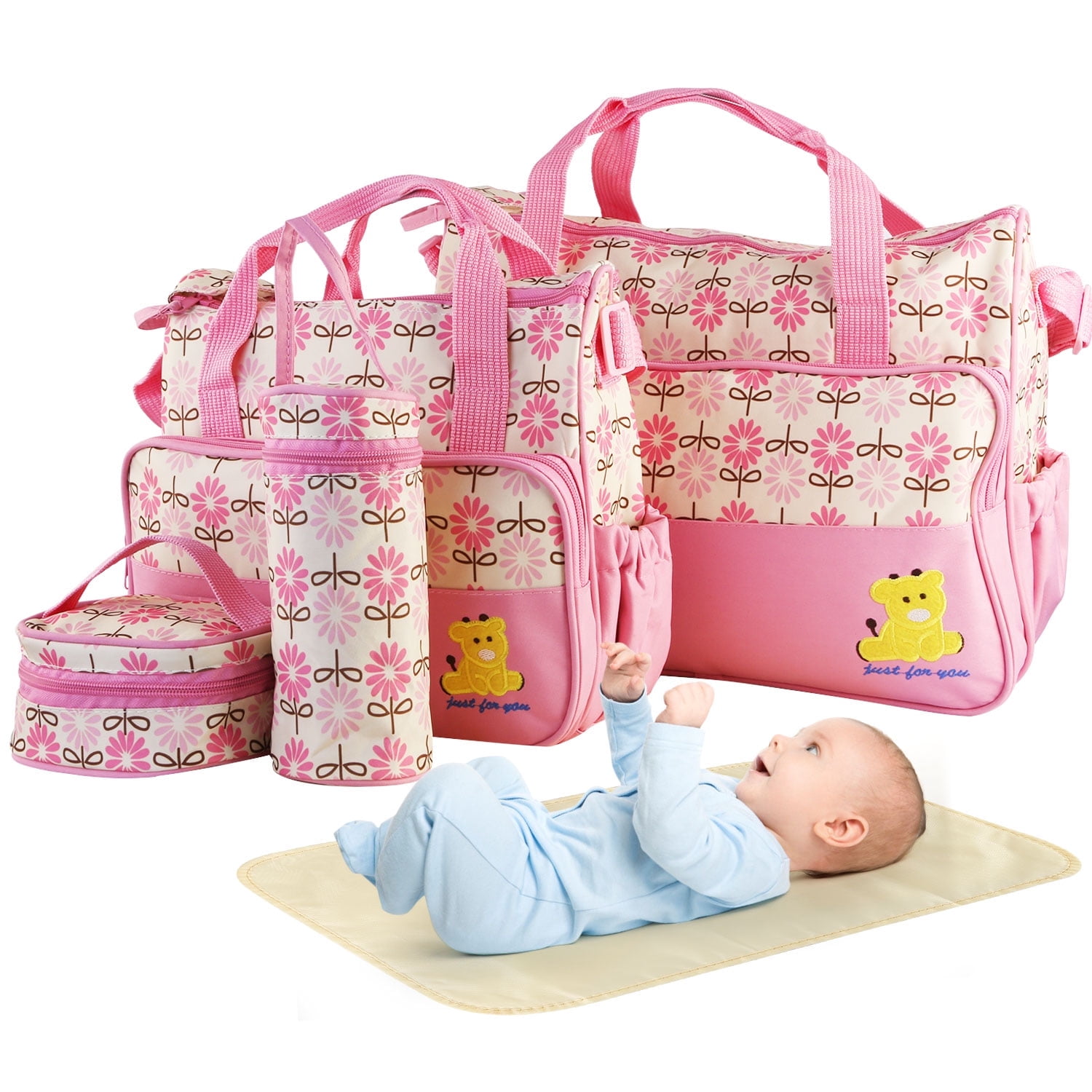 Moclever 5Pcs Mummy Diaper Tote Baby Bags Set Dad Diaper Shoulder Bags With Nappy Changing Pad Pockets Travel Tote Bags Pink
