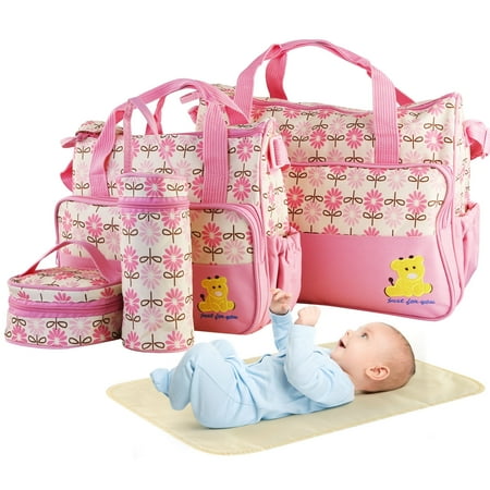 Moclever 5Pcs Mummy Diaper Tote Baby Bags Set Dad Diaper Shoulder Bags With Nappy Changing Pad Pockets Travel Tote Bags Pink