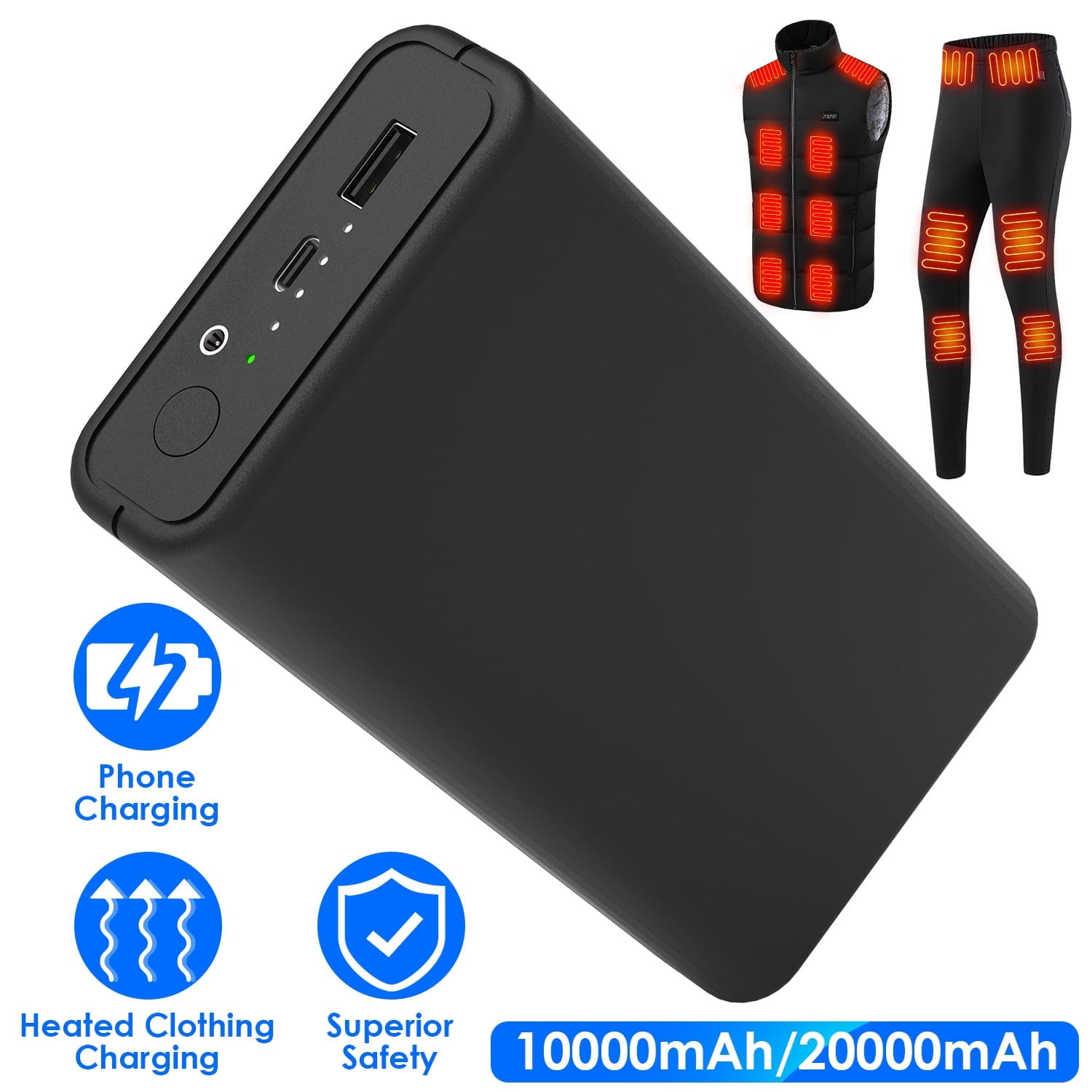 Moclever 5V/2A Heated Vest Power Bank, DC 7.4V/2A 20000mAh Battery Pack for Heated Vest Jacket Scarf Pants, Black