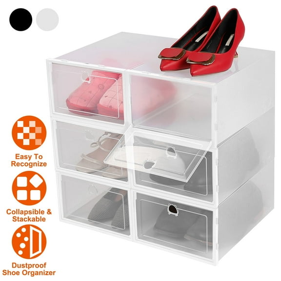 Moclever 6 Pack Shoe Storage Box Container Plastic Stackable Shoe Organizer, Dustproof,White