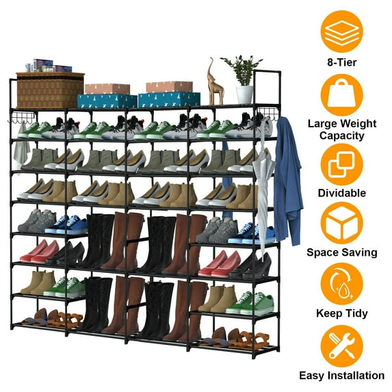Moclever 8 Tiers 4 Rows Shoe Rack Organizer, Free Standing Metal Shoe Storage Shelf 56 Pairs of Shoe Tower Unit with 2 Hooks for Entryway Closet Bedroom, Black