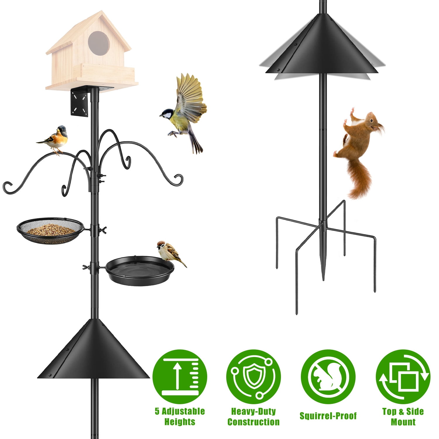 Moclever 94inch Squirrel Proof Bird Feeder Pole Outdoor Heavy-Duty Bird House Pole with 5 Adjustable Heights 4 Shepherd Hooks 5-Pronged Base