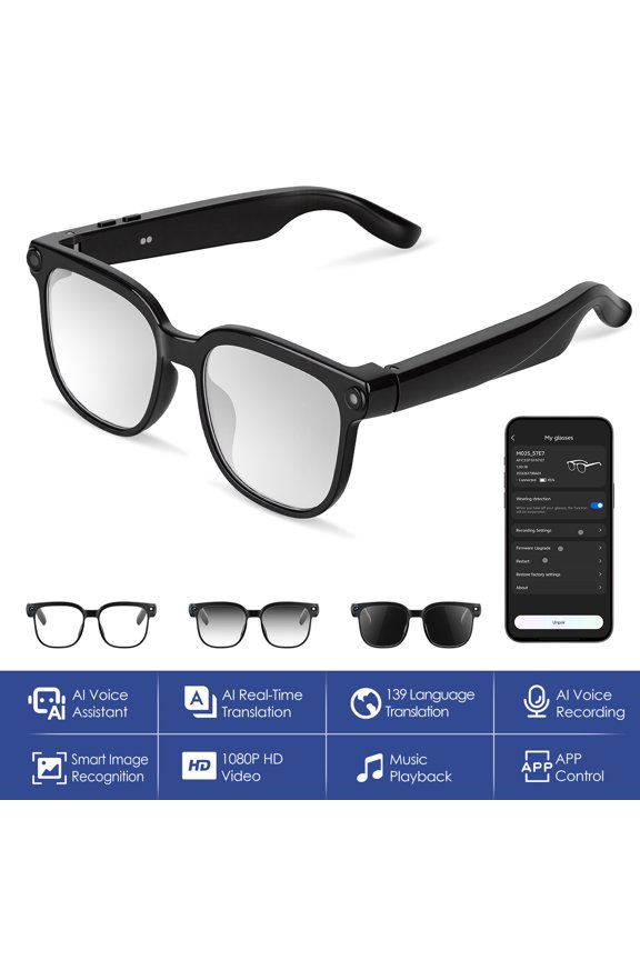 AI Smart Glasses Video Recording Sunglasses with Camera and Audio 8MP HD1080P Real Time Translation 139 Languages AI Photo Recognition Music Playback & Hands-Free Calling