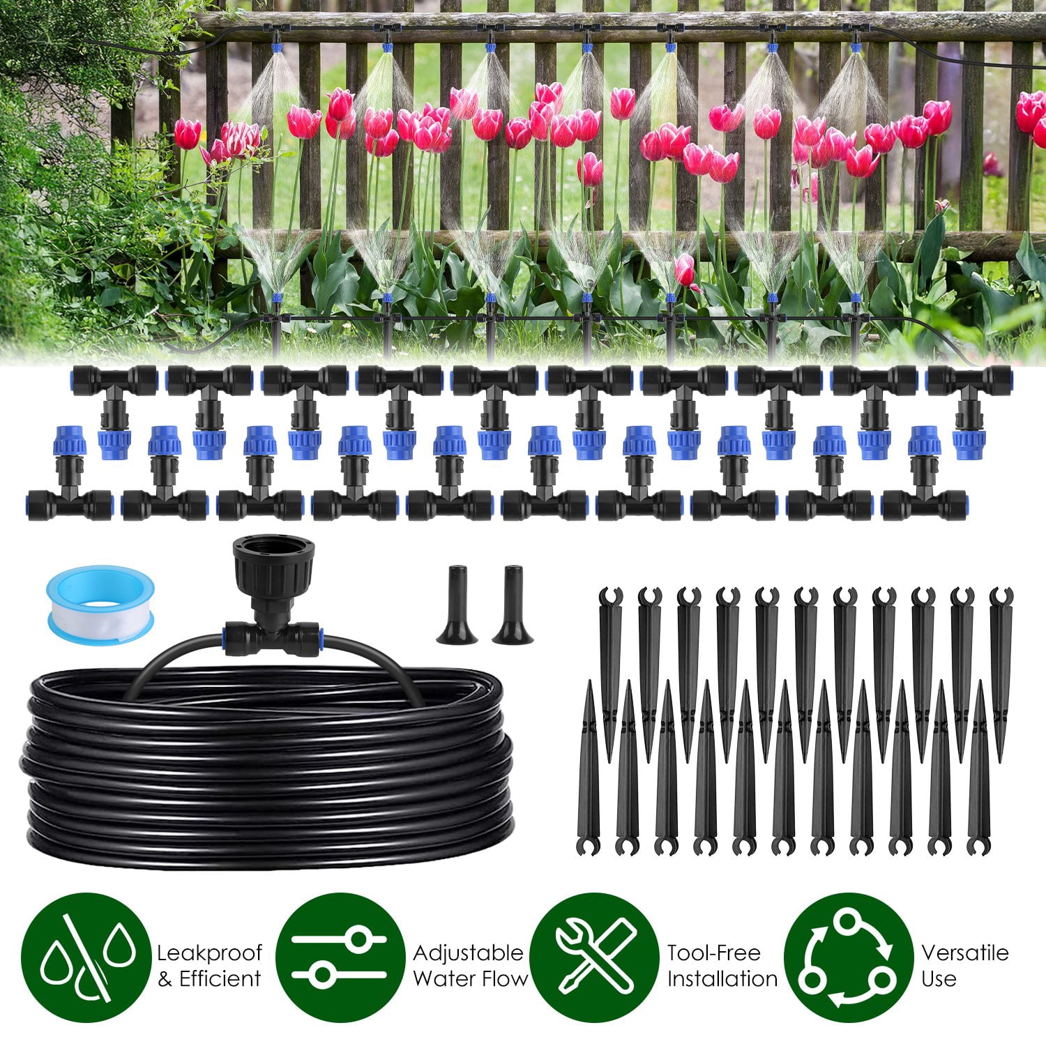 Moclever Automatic Garden Irrigation System, 75ft Mist Drip Irrigation System with Adjustable Misting Nozzle Quick Connect for Garden Lawn Flower Bed