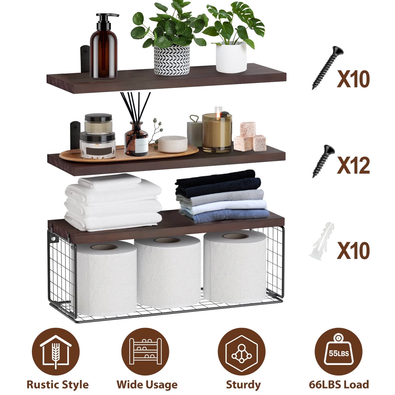 Rustic Brown Pine Wood Floating Shelves with Wire Basket