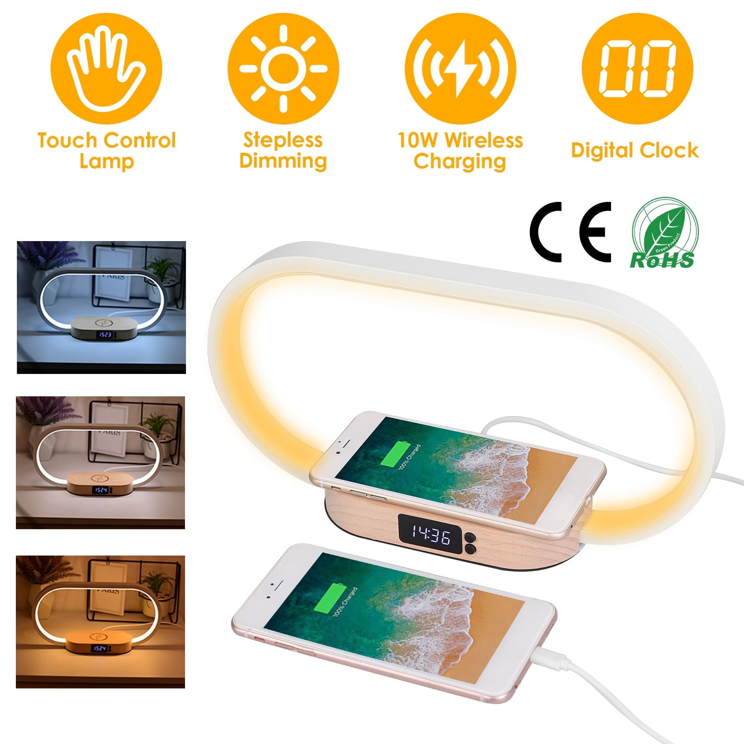 Moclever Bedside Table Lamp Wireless Charging LED Desk Lamp with Clock for Bedroom Office