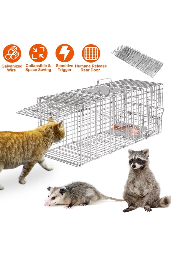Humane Cage Trap, Collapsible Galvanized Wire Catch Release Live Animal Rodent Cage for Raccoons Beavers Foxes, 30.51x11.02x11.81in