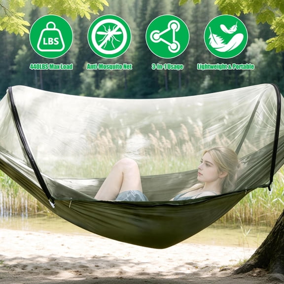 Moclever Camping Hammock with Mosquito Net, 3 in 1 Portable Hammock Tent with Dual-Way Zippers 440lbs Capacity, Army Green