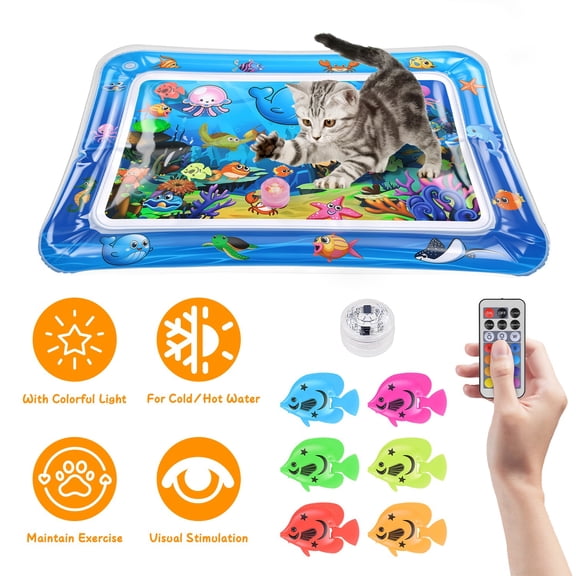Moclever Cat Water Mat PVC Interactive Sensory Play Mat with Floating Fish Toys LED Color Changing Light for Cats Kittens Pet, Blue