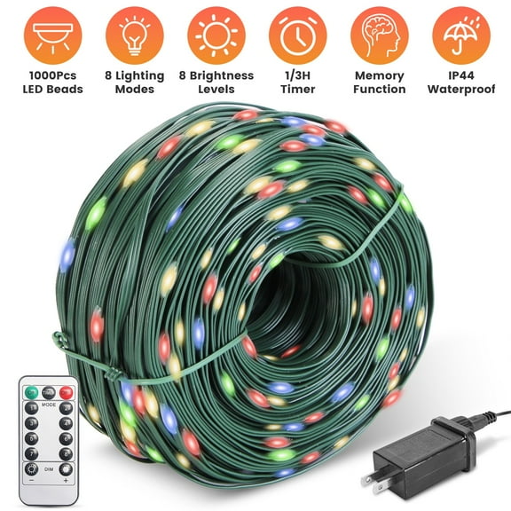 Moclever Christmas String Lights Outdoor, 330ft Plug in Christmas Decoration Lights with 1000 LEDs Remote IP44 Waterproof 8 Lighting Modes 8 Brightness Timer for Xmas House Holiday Decor, Color
