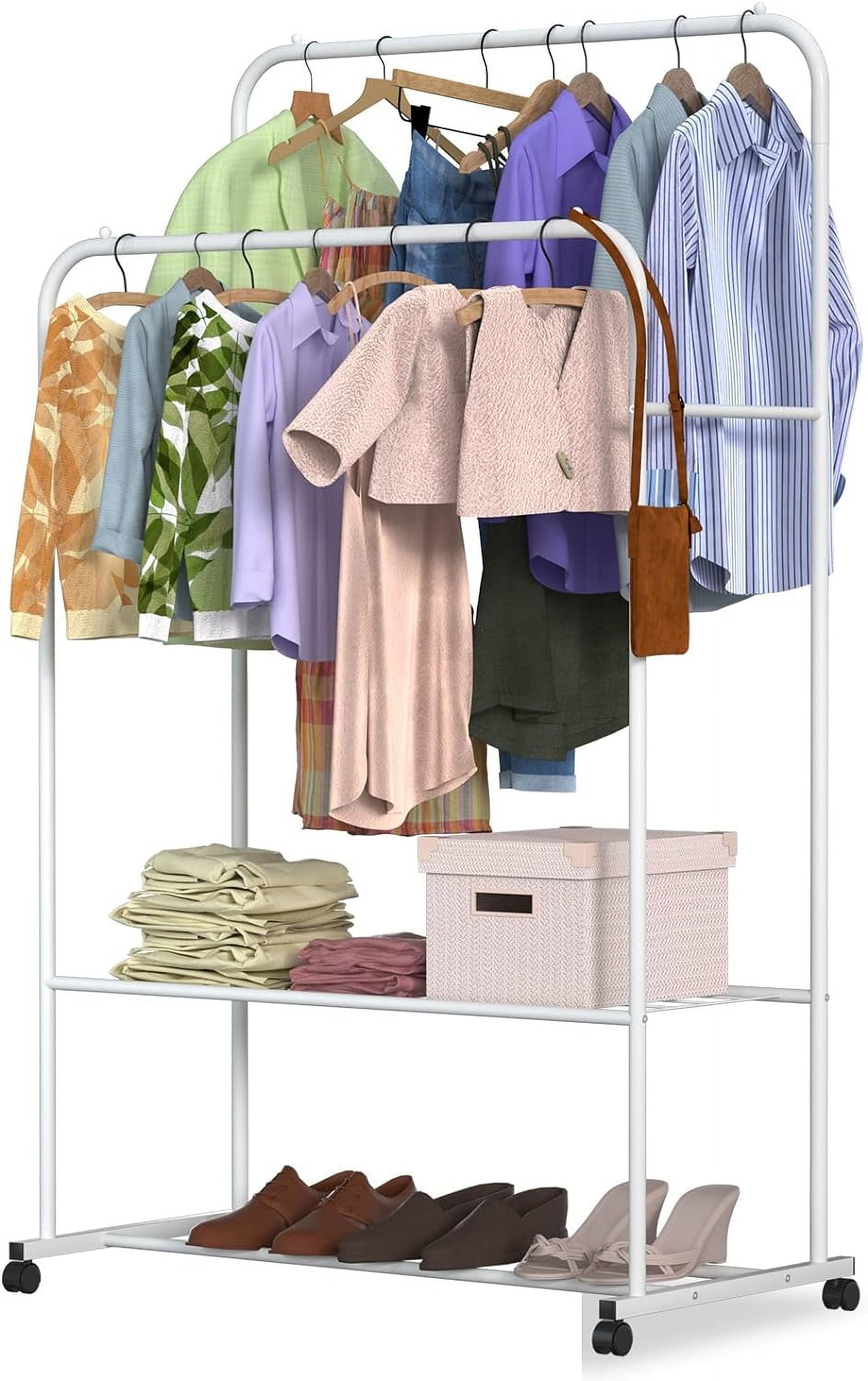 Garment Clothes Rack Moclever Clothing Rack with Wheels, Double Rod Garment Rack Rolling ...