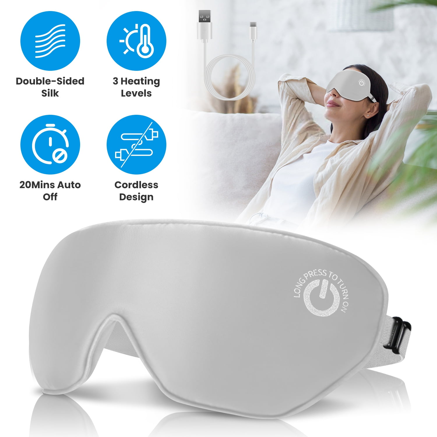 Cordless Heated Eye Mask for Dry Eyes, Silk Sleep Eye Compress Mask with 3 Temperature (131°F/122°F/113°F) 20Mins Auto Off Washable for Relax Eye Strain, Grey