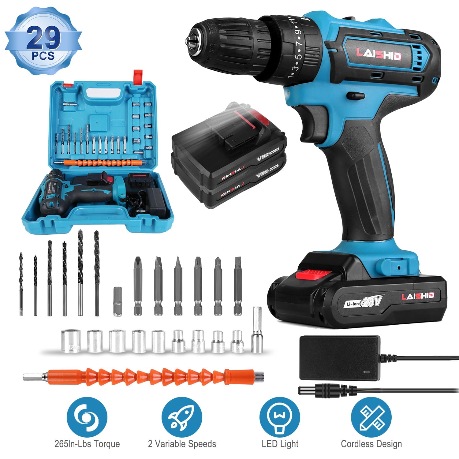 Moclever Cordless Power Drill, Cordless Drill Set with 2Pcs 28V Batteries and Charger 3/8in Keyless Chuck 265in-lbs 25+3 Torque Positions for Home Car Repair Handmade, Blue