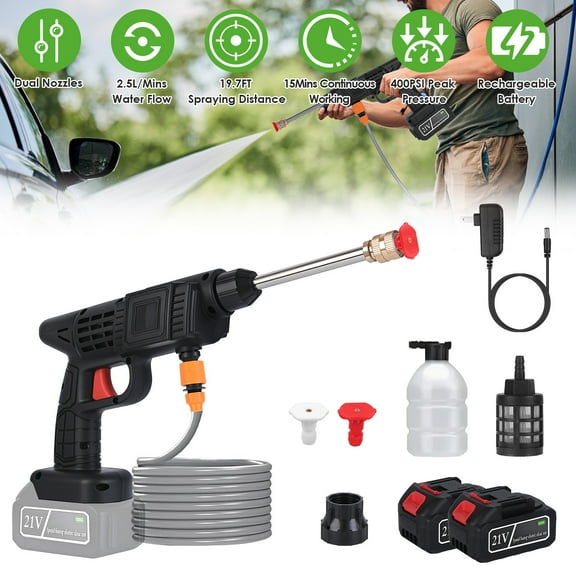 Moclever Cordless Pressure Washer High Pressure Water Sprayer 400PSI Car Washer Cleaner with 0 & 40 Nozzle Foam Bottle Filter 12000mAh 21V Battery and Charger, Black