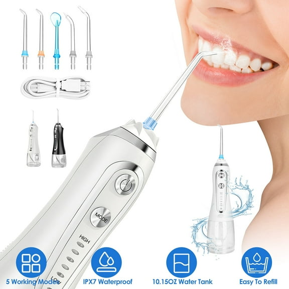 Moclever Cordless Water Dental Flosser, Portable Dental Oral Irrigator IPX7 Waterproof with 5 Modes 5 Nozzles 10.14oz Detachable Water Tank for Travel Home, White