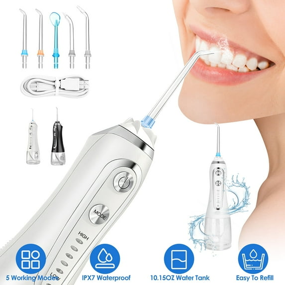 Moclever Cordless Water Dental Flosser, Portable Dental Oral Irrigator IPX7 Waterproof with 5 Modes 5 Nozzles 10.14oz Detachable Water Tank for Travel Home, White