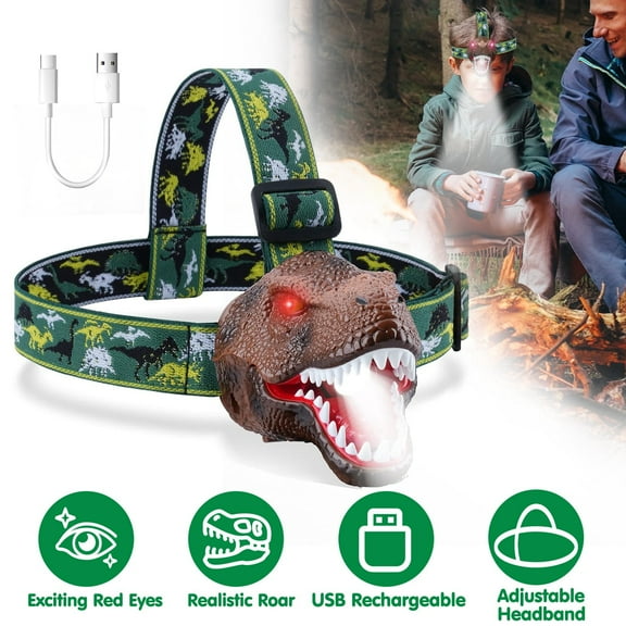 Moclever Dinosaur Headlamp for Kids, IPX4 Waterproof LED Dinosaur Flashlight with Realistic Roar Sound 4 Modes for Camping Biking Hiking Gifts for Boys
