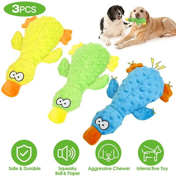 Moclever Dog Toy for Aggressive Chewer, 3Pcs Duck-Shaped Dog Plush Toy with Squeaky Ball Crinkle Paper for Small Medium Large Dogs