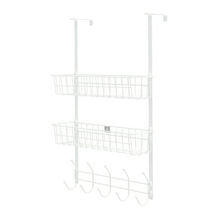 Moclever Over The Door Hooks Organizer, Rustproof Coat Hooks Towel Rack Spice Rack with 2 Mesh Basket 5 Hooks for Bathroom Bedroom Kitchen Storage Shelf, No drilling, Silver