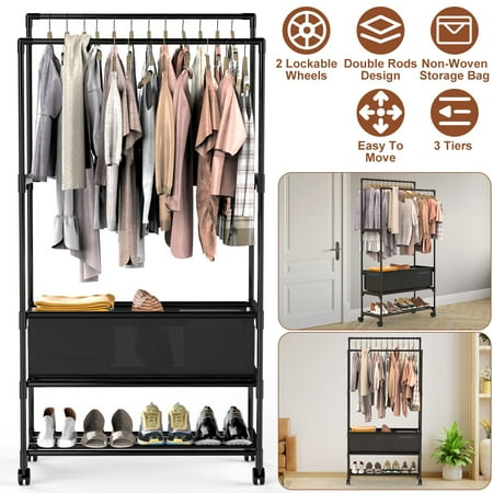 Moclever Double Rods Garment Rack with Storage Bag Height Adjustable Portable Clothing Rack with Shelves Lockable Wheels, Black