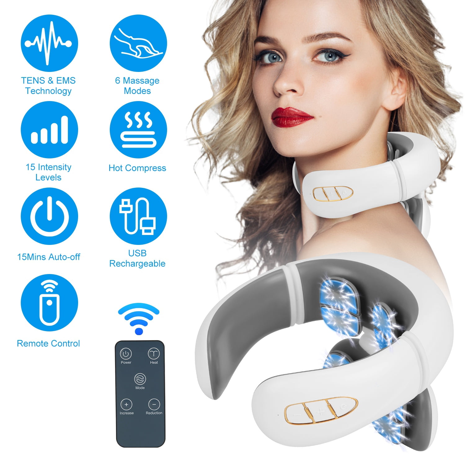 Moclever EMS Neck Massager with Heat, 8 Head Cordless Cervical Neck Massager with 6 Modes 15 Intensity Levels Remote Control, White
