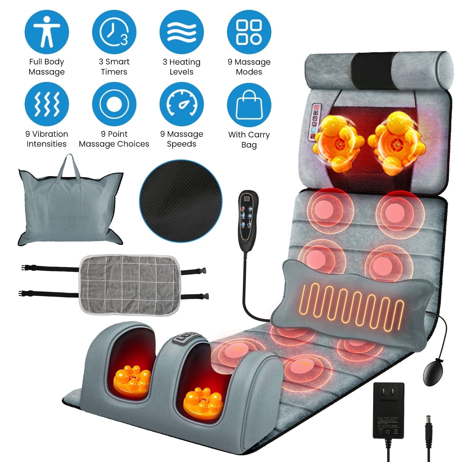 Moclever Electric Full Body Massage Mat, Heating Vibration Massage Pad with  Neck Foot Massage Head Pillow and Cloth Lumbar Pillow Timer Anti-Slip 