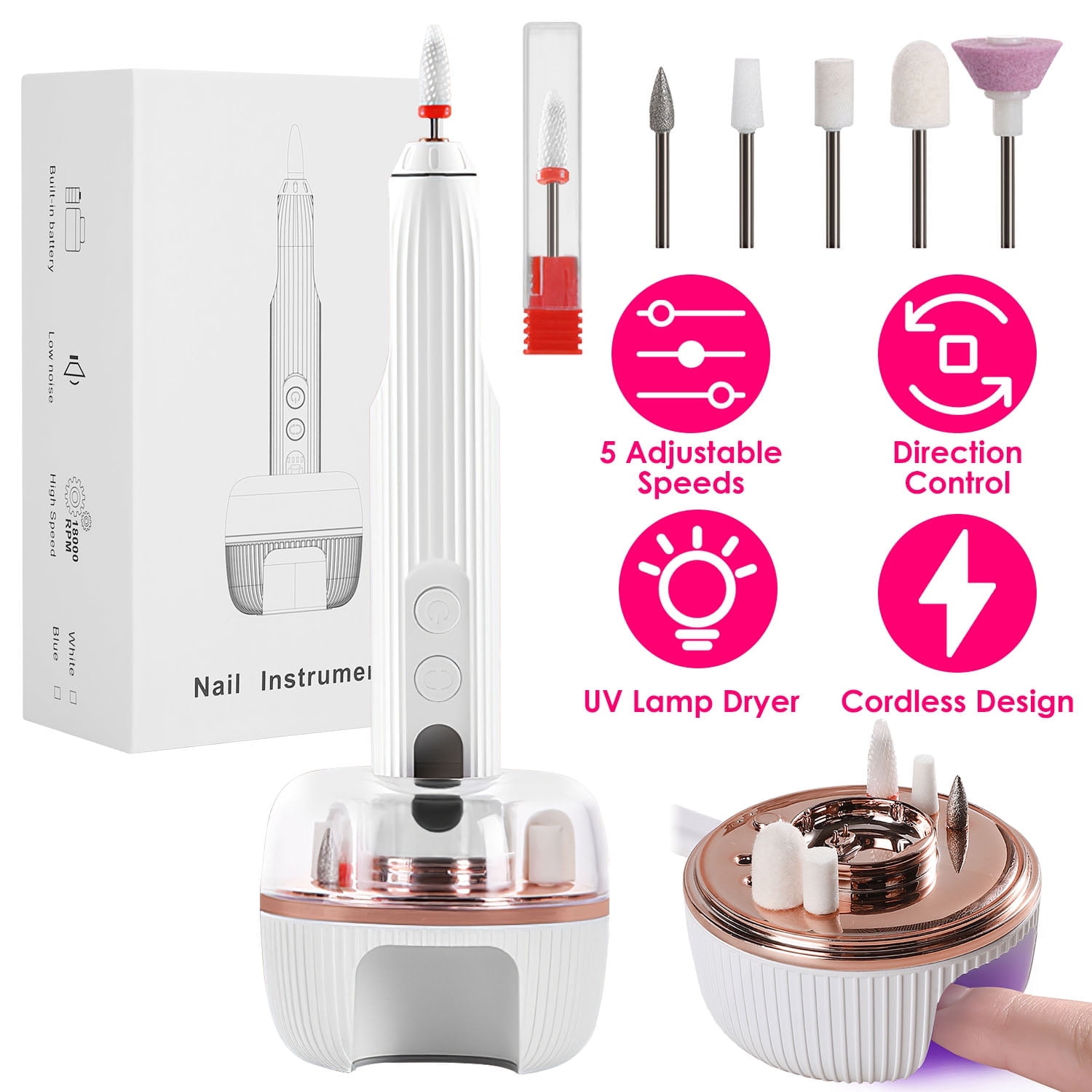 Moclever Electric Nail Drill Kit, Portable Cordless Nail Drill with 2 in 1 UV Nail Dryer and Charging Base for Acrylic Gel Nails, White