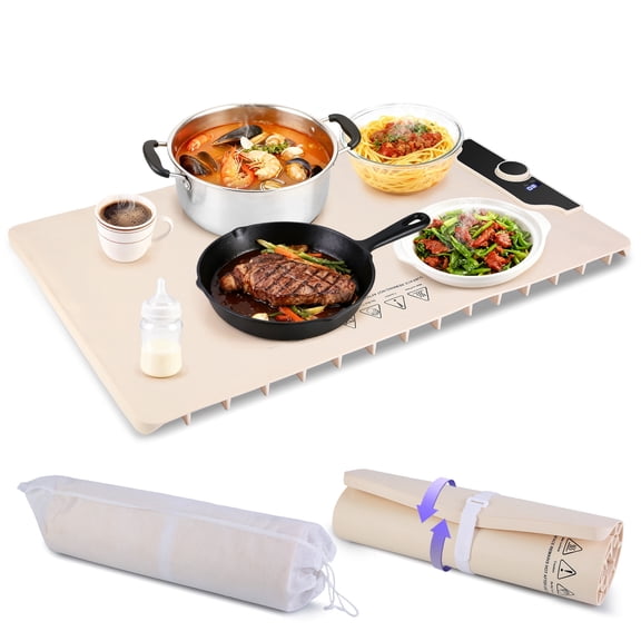Moclever Electric Silicone Food Warming Mat 23.6X15.8in 300W Roll-up Portable Hot Plates with 14 Temp Levels 10Hrs Timer Settings for Parties Buffet