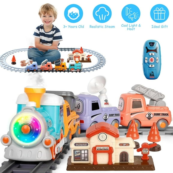 Moclever Electric Train Set Kids Toy with Smokes Light Sound, Remote Magnetic Train Toys with Locomotive 3 Trucks Christmas Gift for 3+ Boys Girls