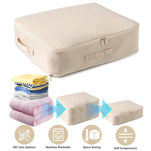 Moclever Foldable Comforter Storage Bag, 20.47x16.53x11.81in Self Compression Organizer with Dual Zippers for Blanket Clothes Pillows Beddings, Beige