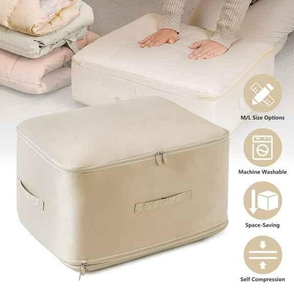 Moclever Foldable Comforter Storage Bag, 20.47x16.53x23.62in Self Compression Organizer with Dual Zippers for Blanket Clothes Pillows Beddings, Beige