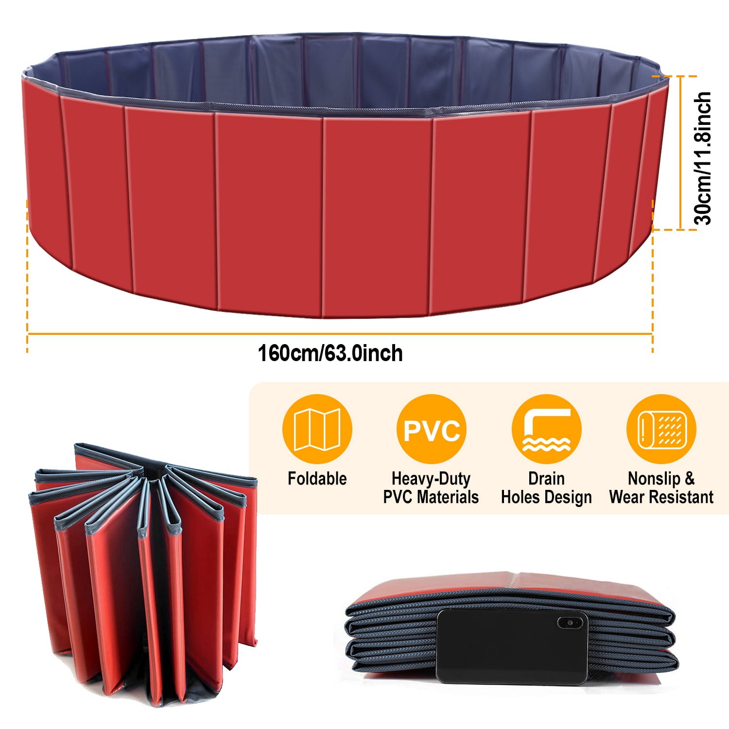 Moclever Foldable Dog Swimming Pool, 63in Kids Swimming Pool Outdoor Bathing Tub for Baby Pet, Red