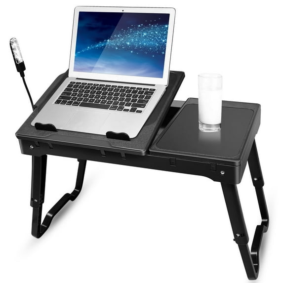 Moclever Foldable Laptop Table Bed Notebook Desk w/Cooling Fan Mouse Board LED light 4 x USB Ports Breakfast Snacking Tray with Storage Groove For Home Office Use