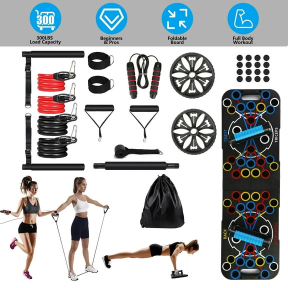 Moclever Foldable Multifunctional Push up Board for Men Women, Home Strength Training Equipment Set with Pilates Bar Resistance Band Roller Wheel, Black