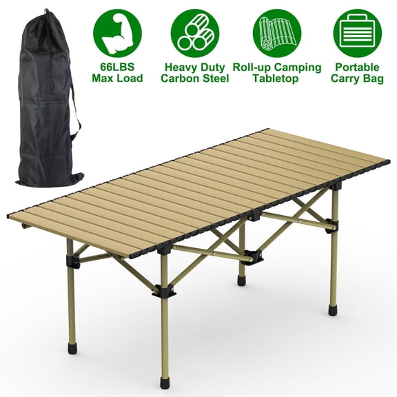 Moclever Folding Camping Table 47.24x21.65" Carbon Steel Portable Roll-up Camping Table, Beige