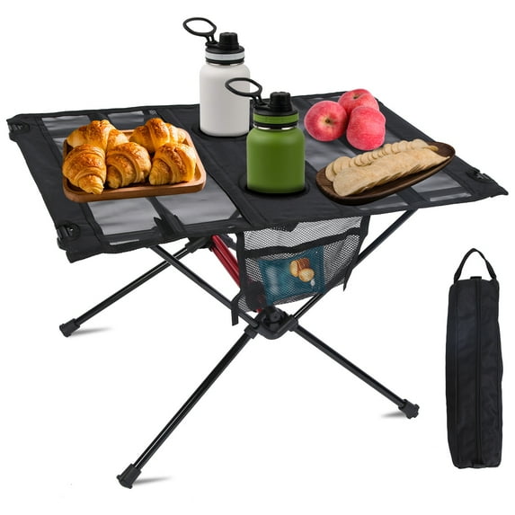 Moclever Folding Camping Table, Outdoor Portable Beach Table Aluminum Alloy Frame with 2 Cup Holders 2 Side Pockets Carry Bag for Camping Picnic, 23.62x15.75x15.75in