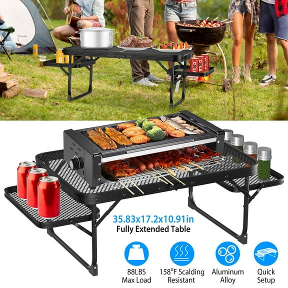 Moclever Folding Camping Table with Trays, Aluminum Alloy Portable BBQ Table 88lbs Load, 36x17x11in