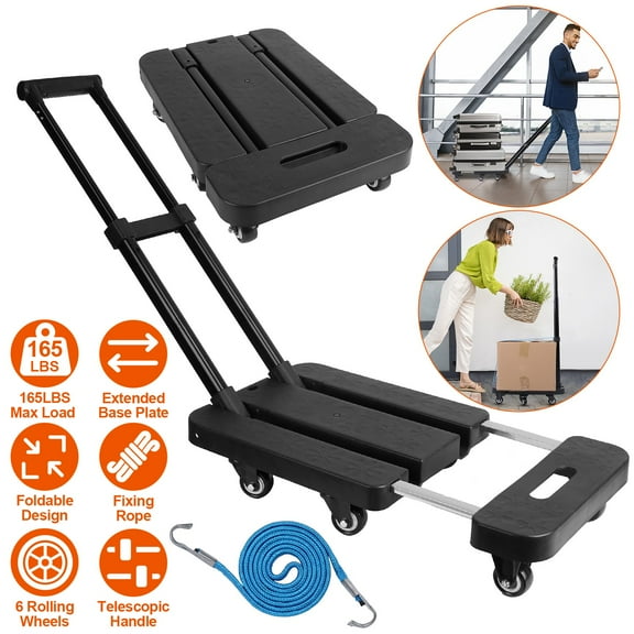Moclever Folding Hand Truck, 18.11x12in Heavy Duty Luggage Cart 165LBS Load with 3 Length Telescopic Handle 6 Wheels 1 Elastic Rope for Luggage Travel, Black