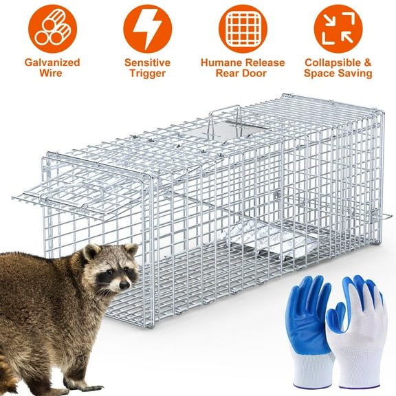 Moclever Folding Live Animal Trap Cage 37x14x15in Galvanized Iron Hunting Cage Trap for Raccoons Foxes Coyotes Stray Dogs Armadillos Squirrels